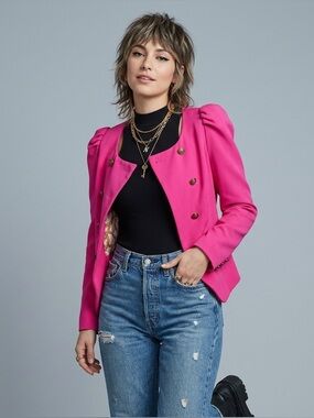 Vibrant Pink Cropped Blazer with Puffed Shoulders